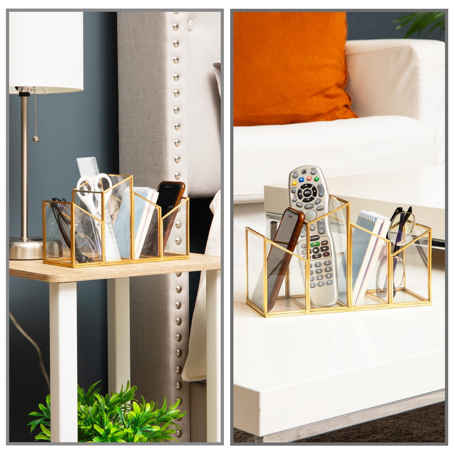 Mind Reader 4-Compartment Angled Glass Pen Holder with Copper Trim, Desktop Organizer for Office Supplies & Accessories, Glass and Copper, Clear