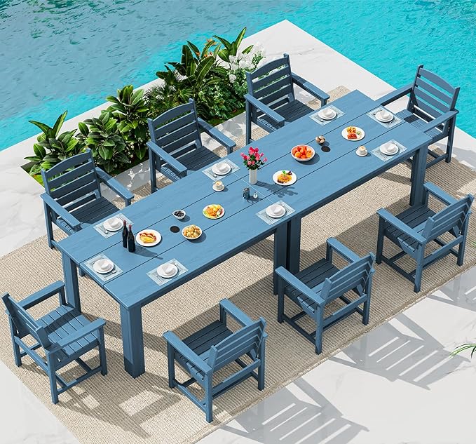 SERWALL HDPE Dining Set for 8: 2 Umbrella Hole Tables + 8 Chairs. Includes 8