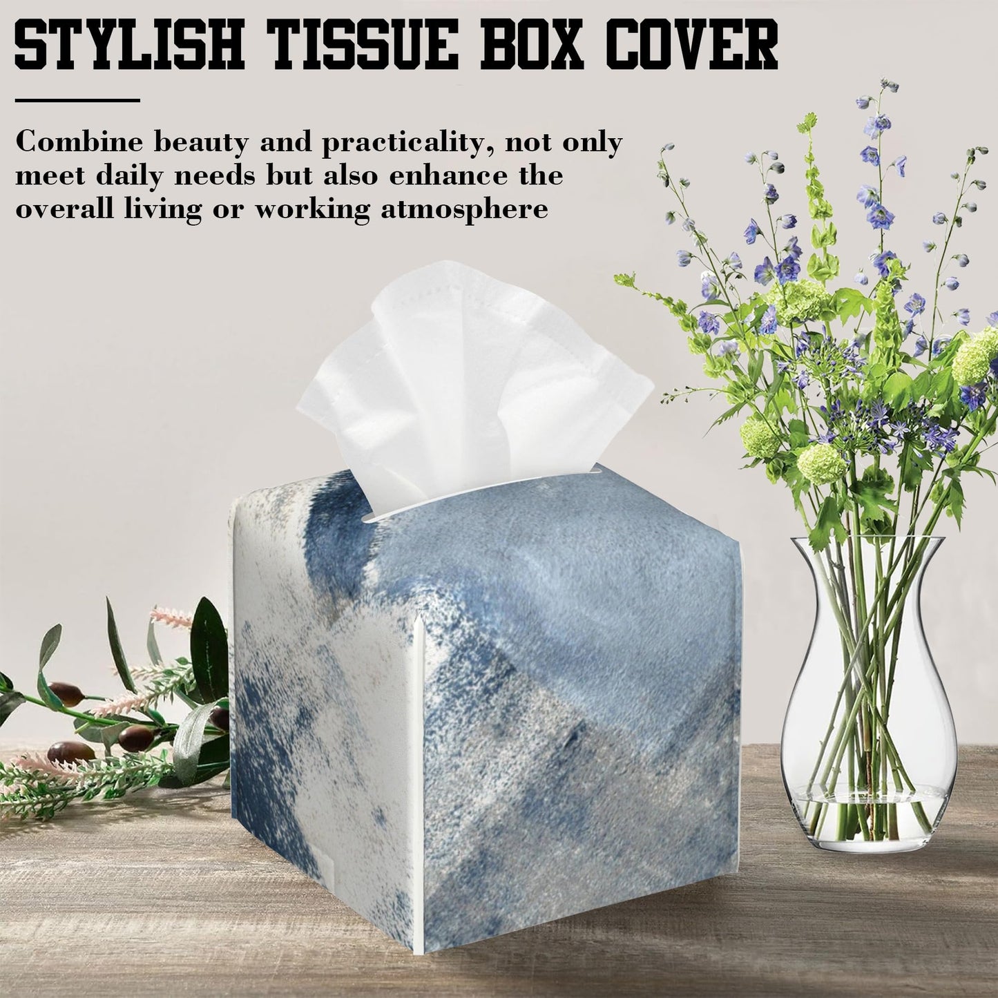 OHEGBXE Tissue Box Holder Blue and Grey Abstract Art Square Leather Tissue Box Cover Modern Cube Facial Paper Cover Case for Bathroom Vanity Countertop Night Stands Tabletop