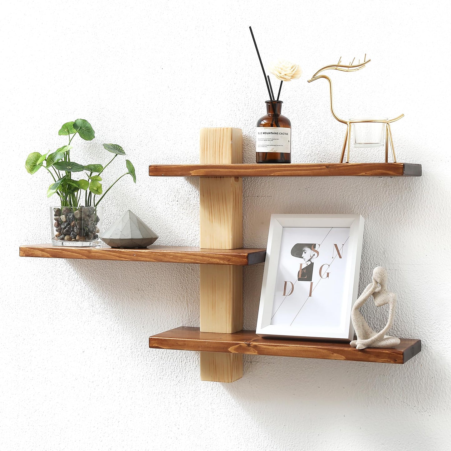 GRID FORTE Wood 3 Tier Floating Shelf, Large Minimalist Wall Shelves, Mid Century Modern Furniture, Art Deco, Plant Rock Crystal Shelving for Bedroom Living Room Office Bathroom