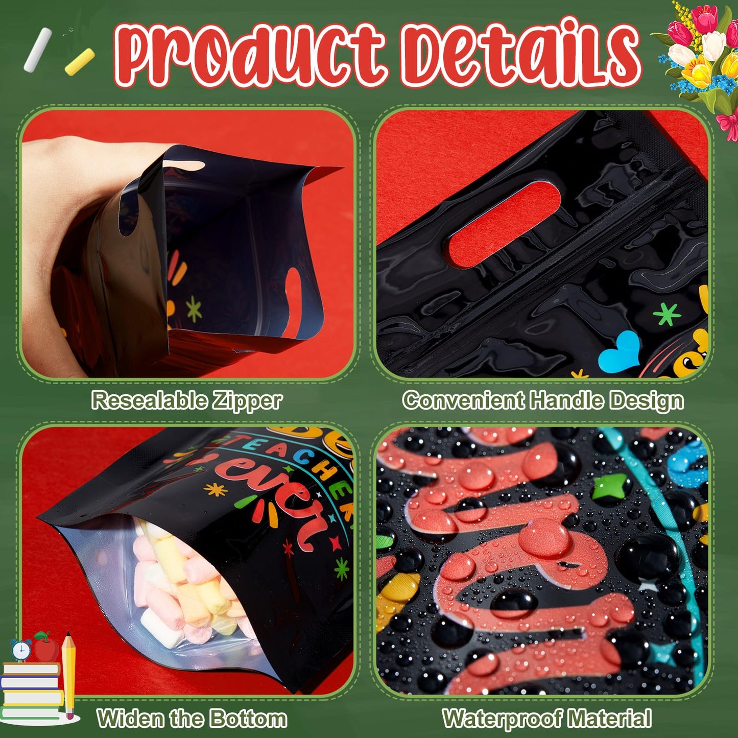 Engrowtic 50 Pcs Back to School Teacher Gift Bags Resealable First Day of School Teacher Treat Bag Bulk Thank You Goodie Pouches with Handles for Classroom Preschool Kindergarten Supplies