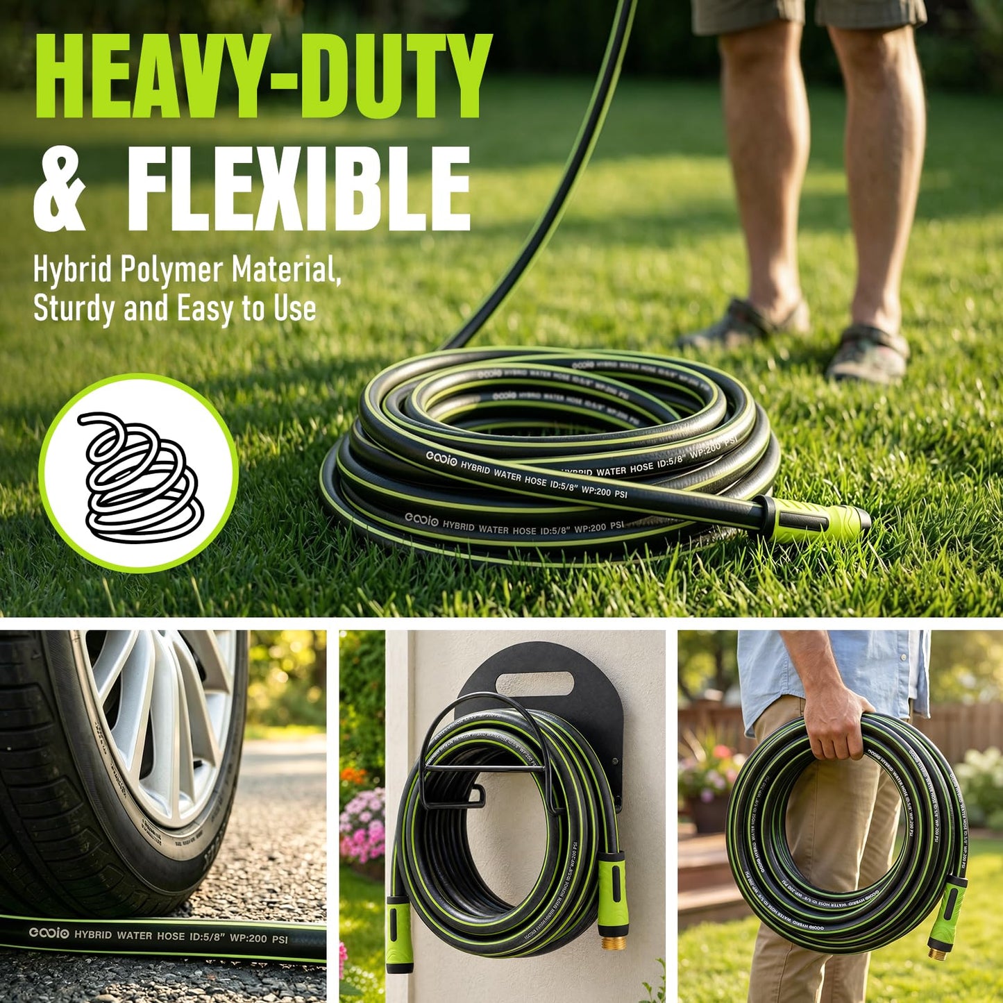 Garden Hose 50ft x 5/8", Heavy Duty Water Hose, Flexible and Durable, Kink Resistant Lightweight Hybrid Hose, Leakproof Yard Hose with Male to Female Fittings
