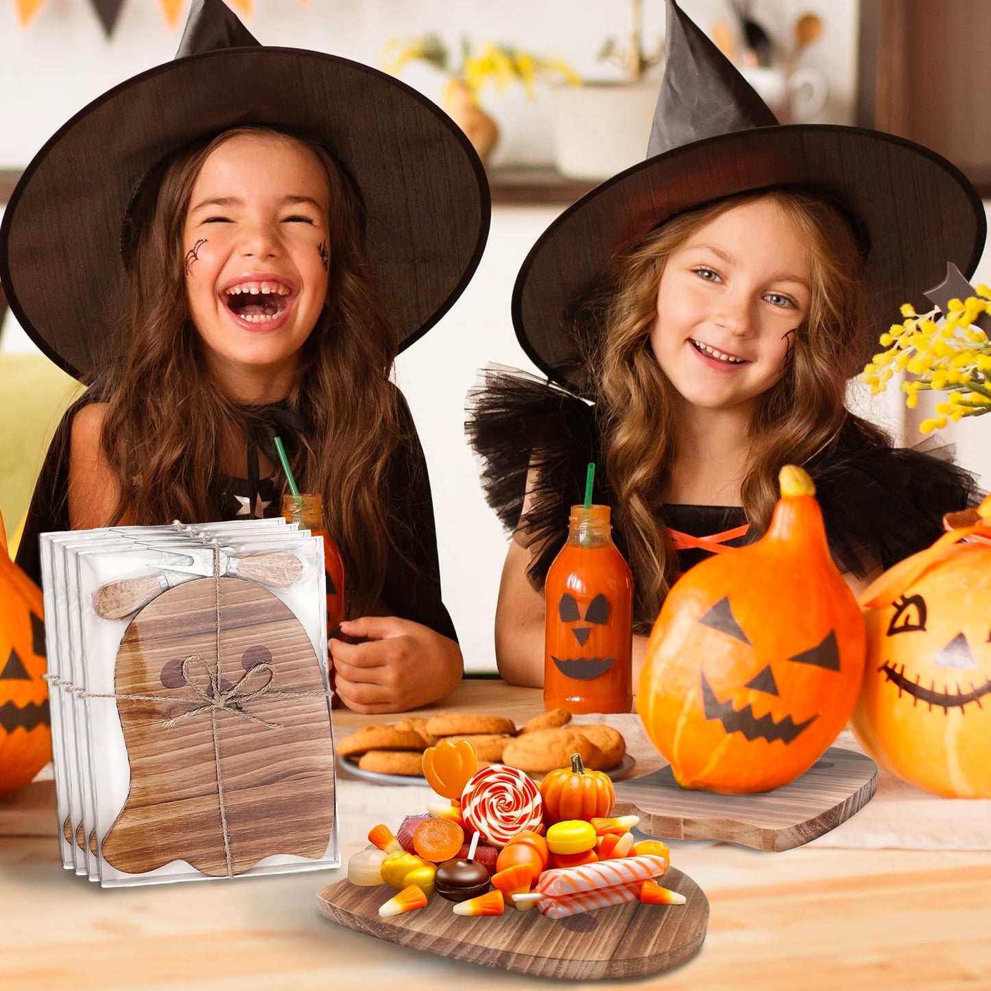 JarThenaAMCS 4 Pack Halloween Cheese Board Cute Ghost Boo Small Cutting Serving Tray Platter with Knife Set for Charcuterie Trick or Treat Party Home Decoration