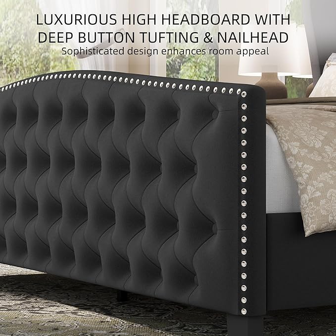 BRELTAM Upholstered Queen Size Bed Frame Velvet Tufted Platform Bed Frame