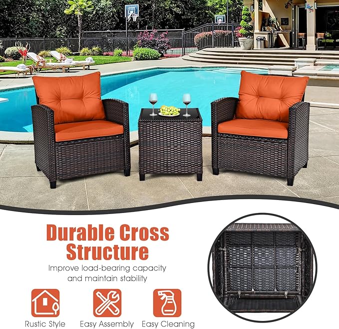 HAPPYGRILL 3 Pieces Patio Conversation Set, Outdoor Furniture Set PE Rattan