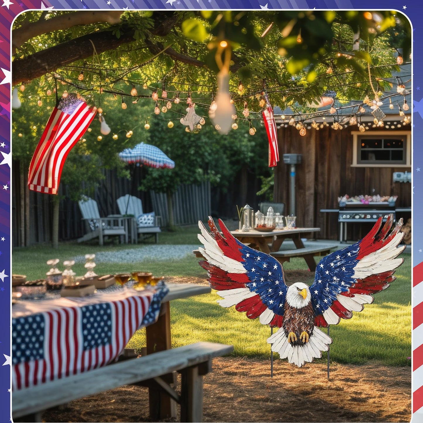 Amyhill 4th of July Outdoor Decor Patriotic Eagle Metal Garden Stakes Decorative Red White Blue Star Yard Signs with Stakes for Independence Day Memorial Day Garden Lawn Decorations