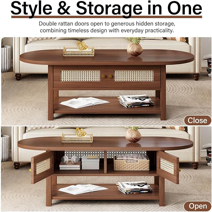 LVB Rattan Coffee Table, Boho Wood Living Room Table