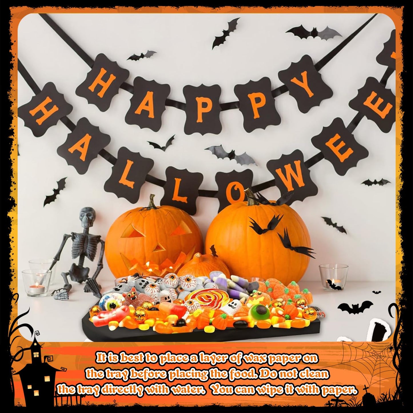 Halloween Coffin Feature Board, Party Table Center Decoration, Gothic Coffin Tray and Carved Skeleton - Coffin Banquet Plate Engraved Skeleton, Essential Halloween Party Decoration Accessories.