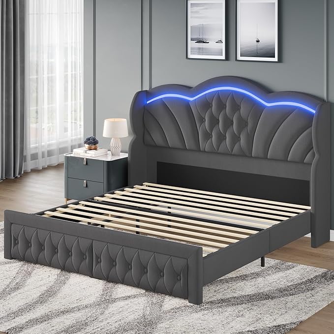 Keyluv Queen Bed Frame with LED Lights and 2 Storage Drawers, Velvet