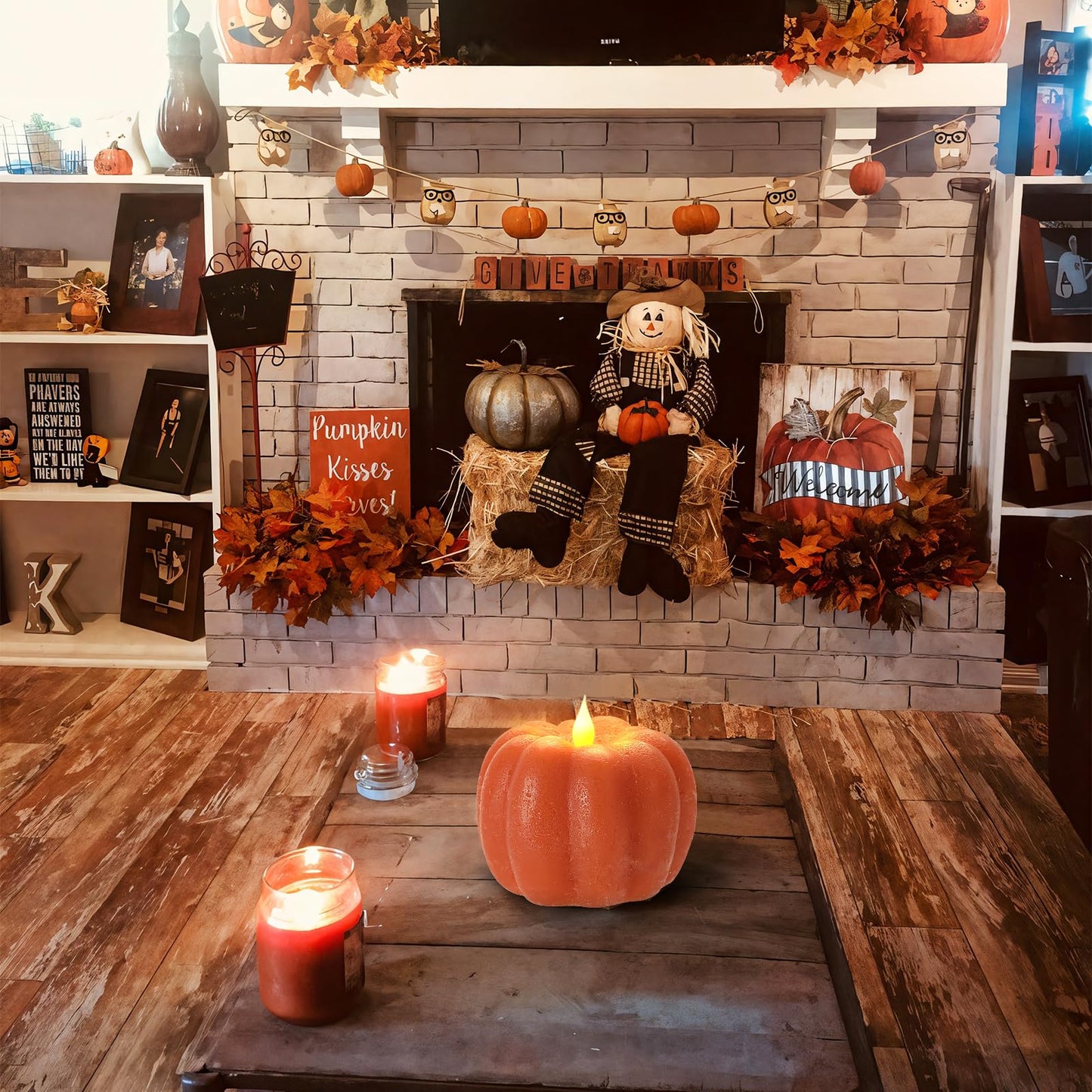 Fall Decor Pumpkin Flameless Candles - Battery Powered LED Pumpkin Flickering Candle with Timer Remote Control, Thanksgiving Gifts, Autumn Farmhouse Rustic Harvest Decor for Indoor (Orange)