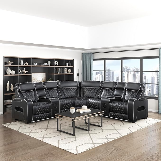 Lexicon 118" Power Reclining Sectional Sofa, Wall Hugger, 2 Recliner Seats