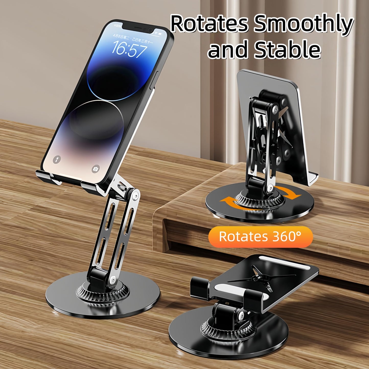Briteroh All-Metal Cell Phone Stand 360° Rotatable & Height Adjustable - 25KG Super Load-Bearing, Foldable Desk Stand for Phone, Compatible with iPhone 17/16/15/14 (Black)