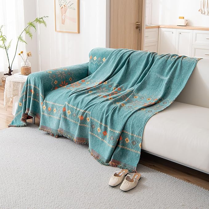 DREAMINGO Teal Boho Couch Cover Jacquard Chenille Sofa Covers Washable 3 Seater