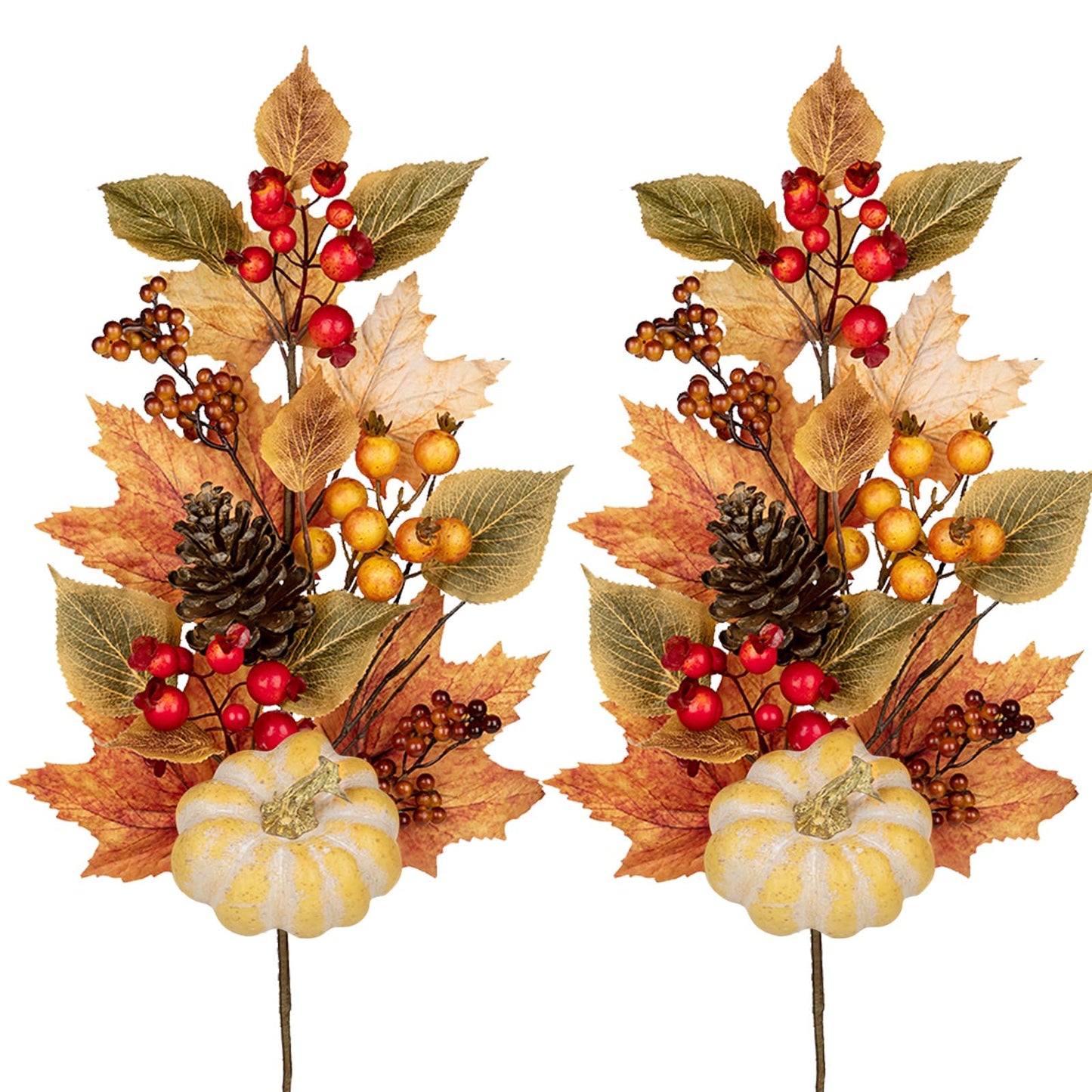 2PCS Artificial Fall Branches Fake Pumpkin Pine Cone Maple Beech Leaves with Red Berries, 30" Tall Faux Fall Stems Autumn Décor for Vase Farmhouse Kitchen Table Centerpiece Decoration