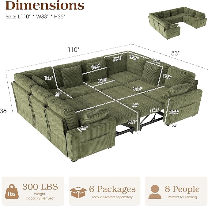 Ihanherry 8-Seater Large Sectional Sofa Bed
