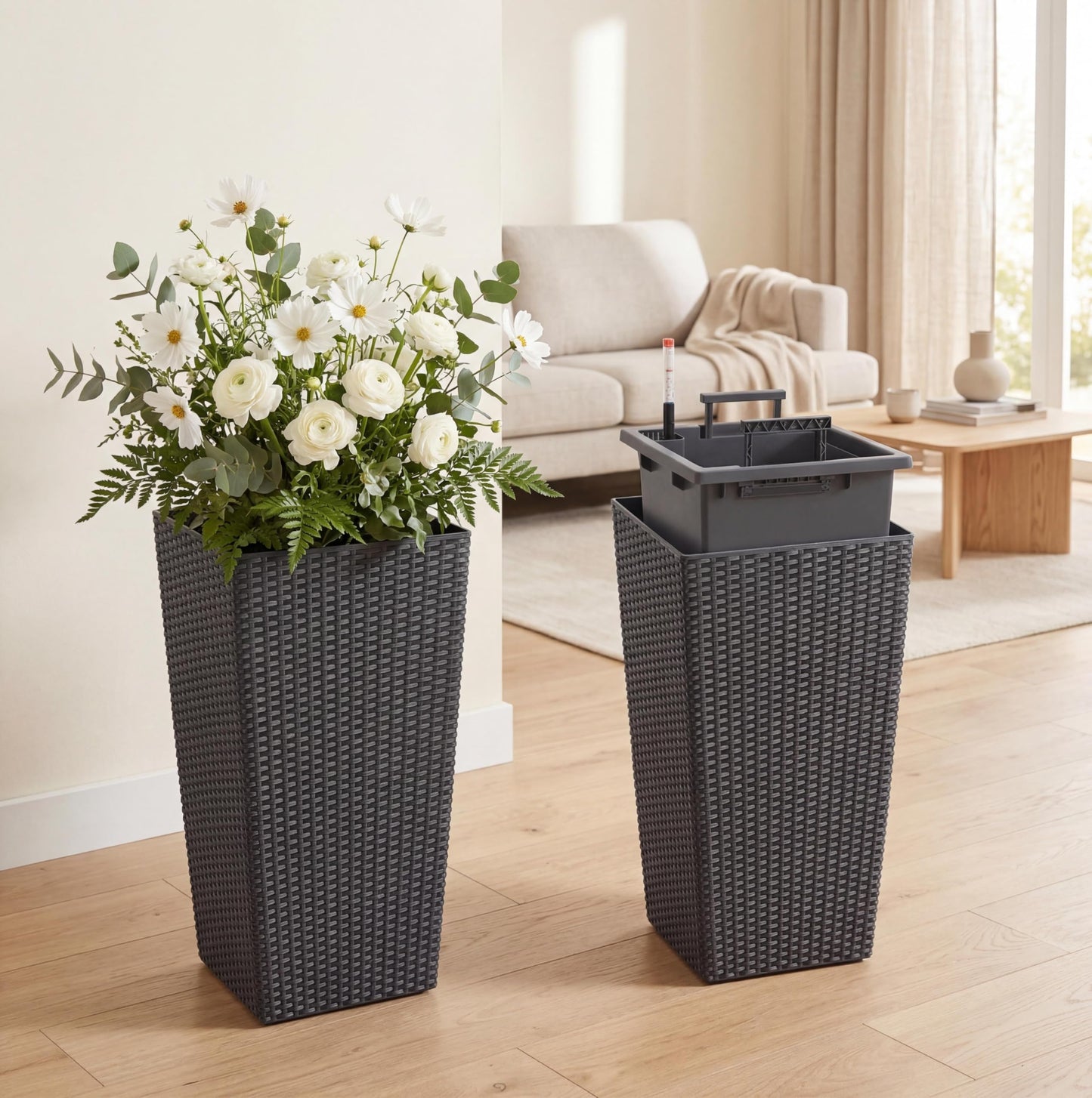 22.4" Black Tall Planters Outdoor Set of 2, Large Black Flower Pots Outdoor with Drainage Holes & Automatic Watering System, Modern Large Resin Planters for Outdoor Plants, Front Porch, Deck, Rattan