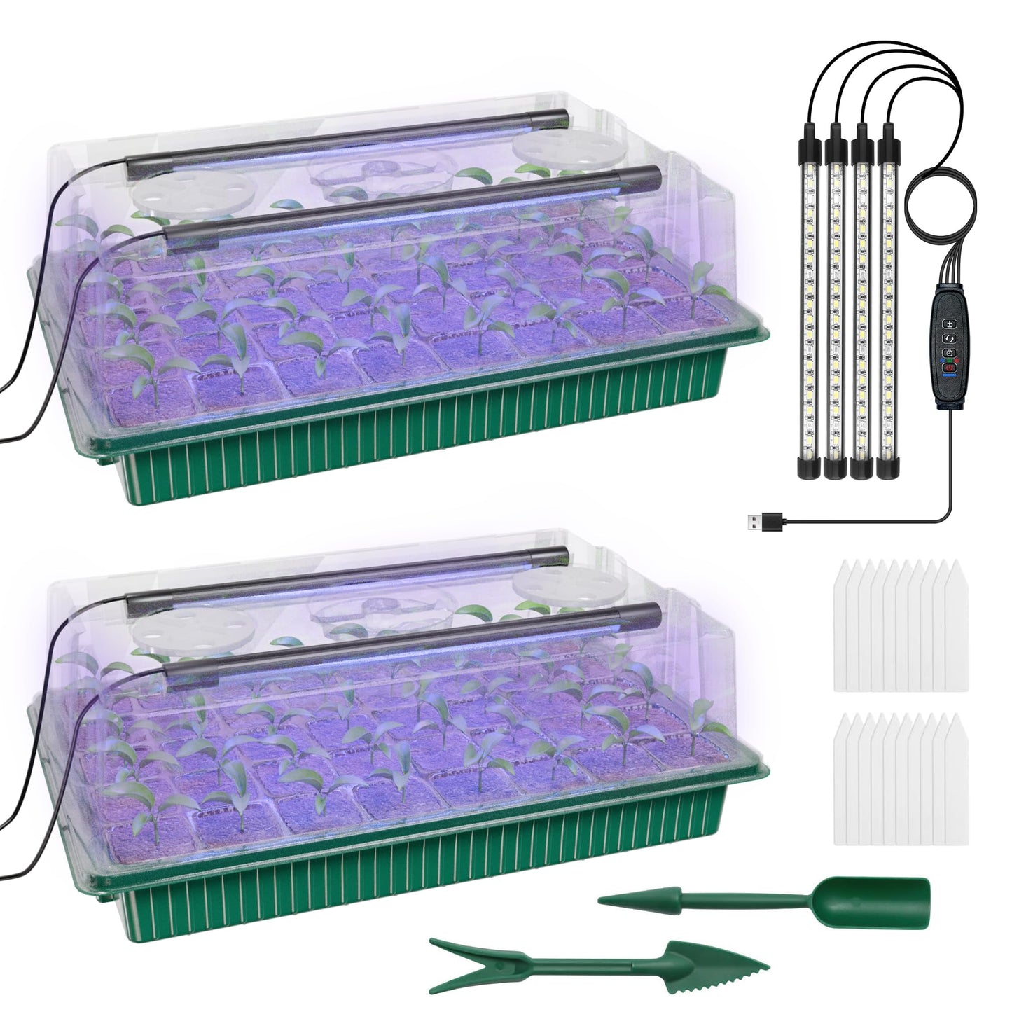 AWUREYIT Seed Starter Tray with Grow Light, 2 Pack 80 Cells Seed Starter Kit, Complete System with Humidity Dome, Full Spectrum LED, Dimmable Timer for Indoor Gardening & Seedlings