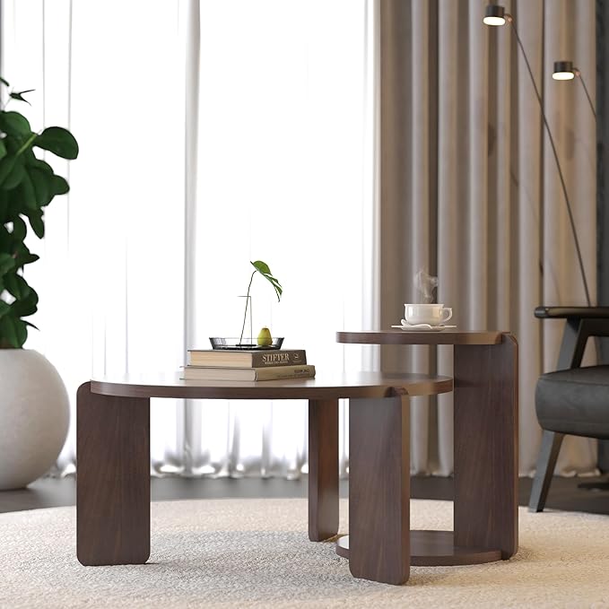 GDFStudio Round Nesting Coffee Table Set of 2, Modern Wooden Accent Side Table