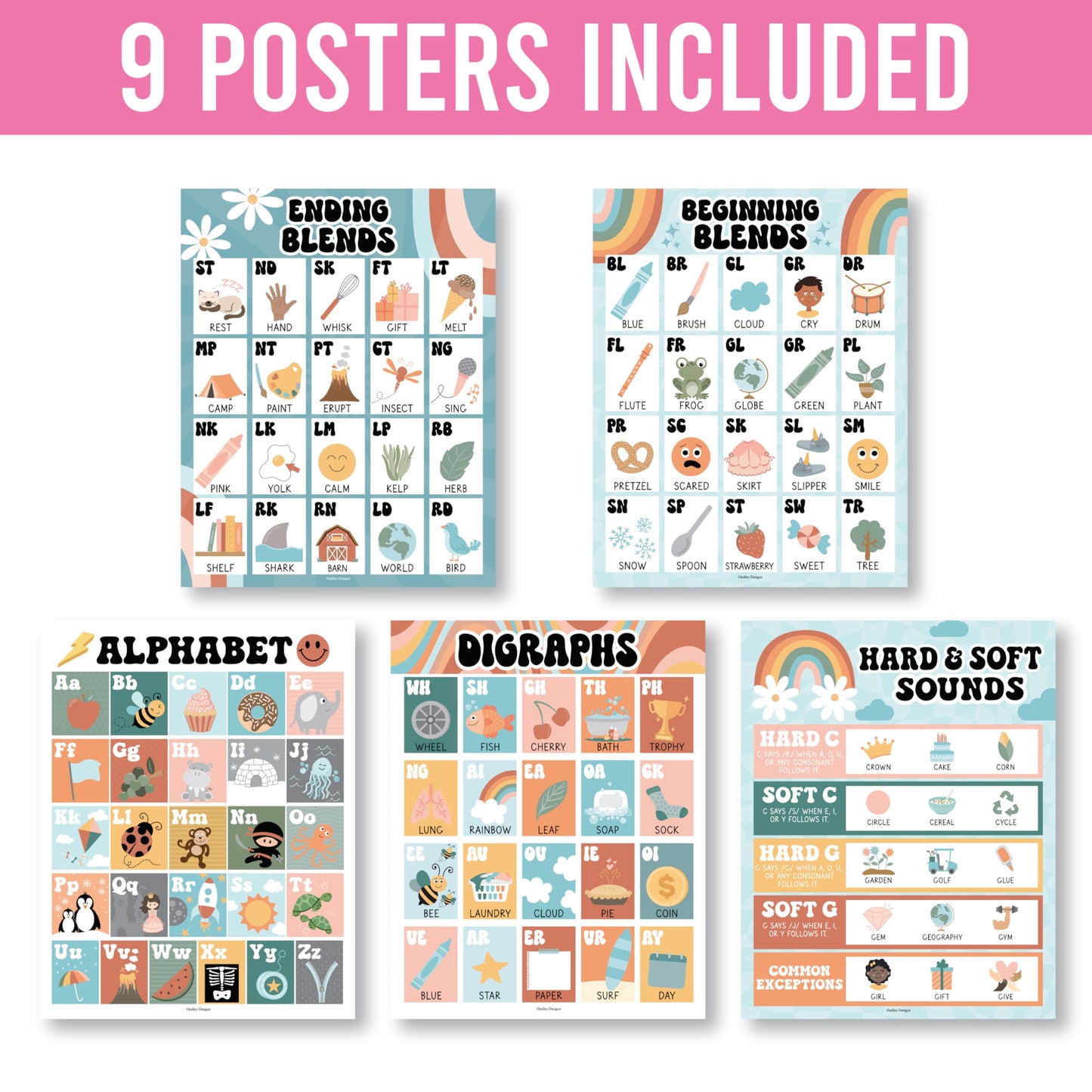 Hadley Designs Phonics Posters for Classroom Must Haves - 9 Sound Wall for Kindergarten & Elementary Teacher Supplies, Syllable, Vowels, Digraphs & Blends Bulletin Board Set, Retro Classrom Decor