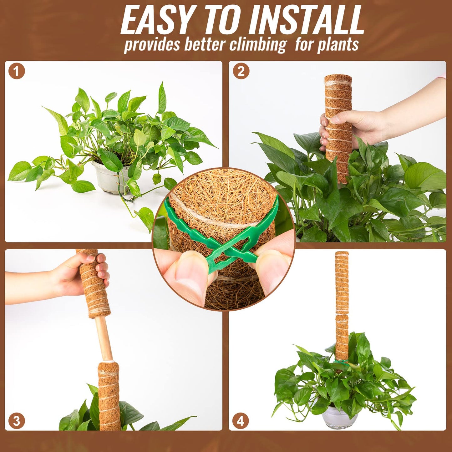 4 Pcs 12 Inches Coir Totem Pole With 8 Pcs Adjustable Plant Twist Ties - Moss Stick for Creepers Plant Support Extension, Climbing Indoor Plants