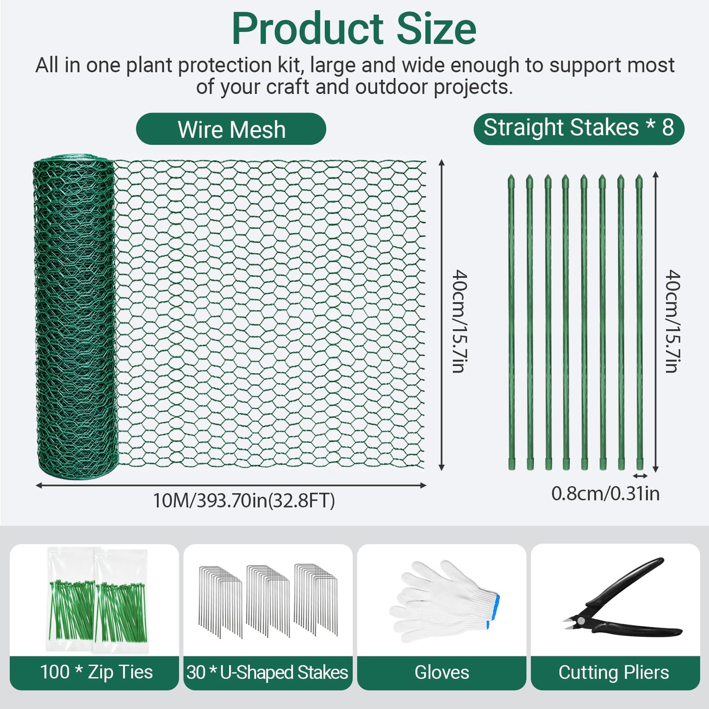 QURAS Plant Protectors from Animals, 32.8FT x 16IN Wire Plant Cage, 0.85mm Thick Vinyl Coated Garden Fence Kit with Stakes & Zip Ties, DIY Plant Guard for Rabbits, Squirrels, Deer, Vegetable Garden