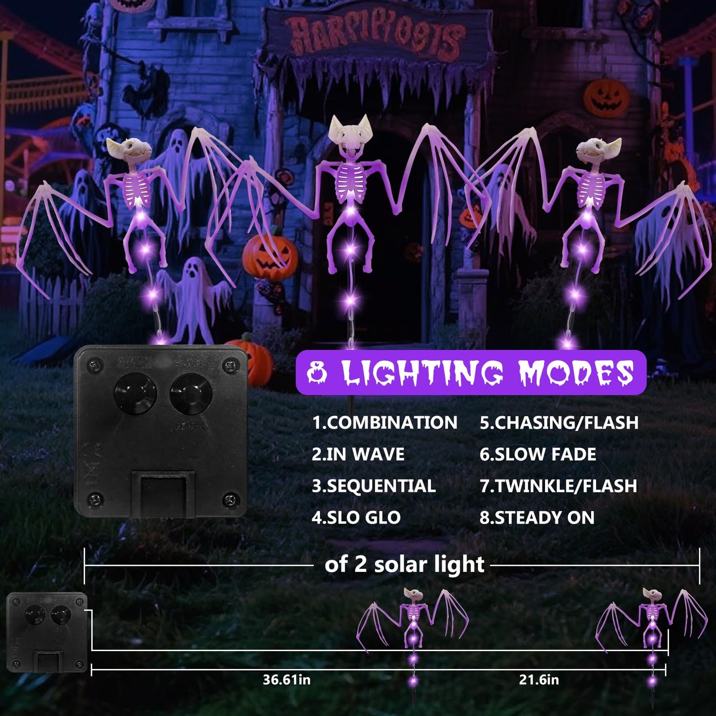 Solar Halloween Decorations Outdoor - 2 Pack 3D Scary Bat & Skeleton Lights, Waterproof LED Solar Garden Lights for Pathway, Lawn, Yard, Patio - Spooky Purple Lighting for Outdoor Holiday Decor