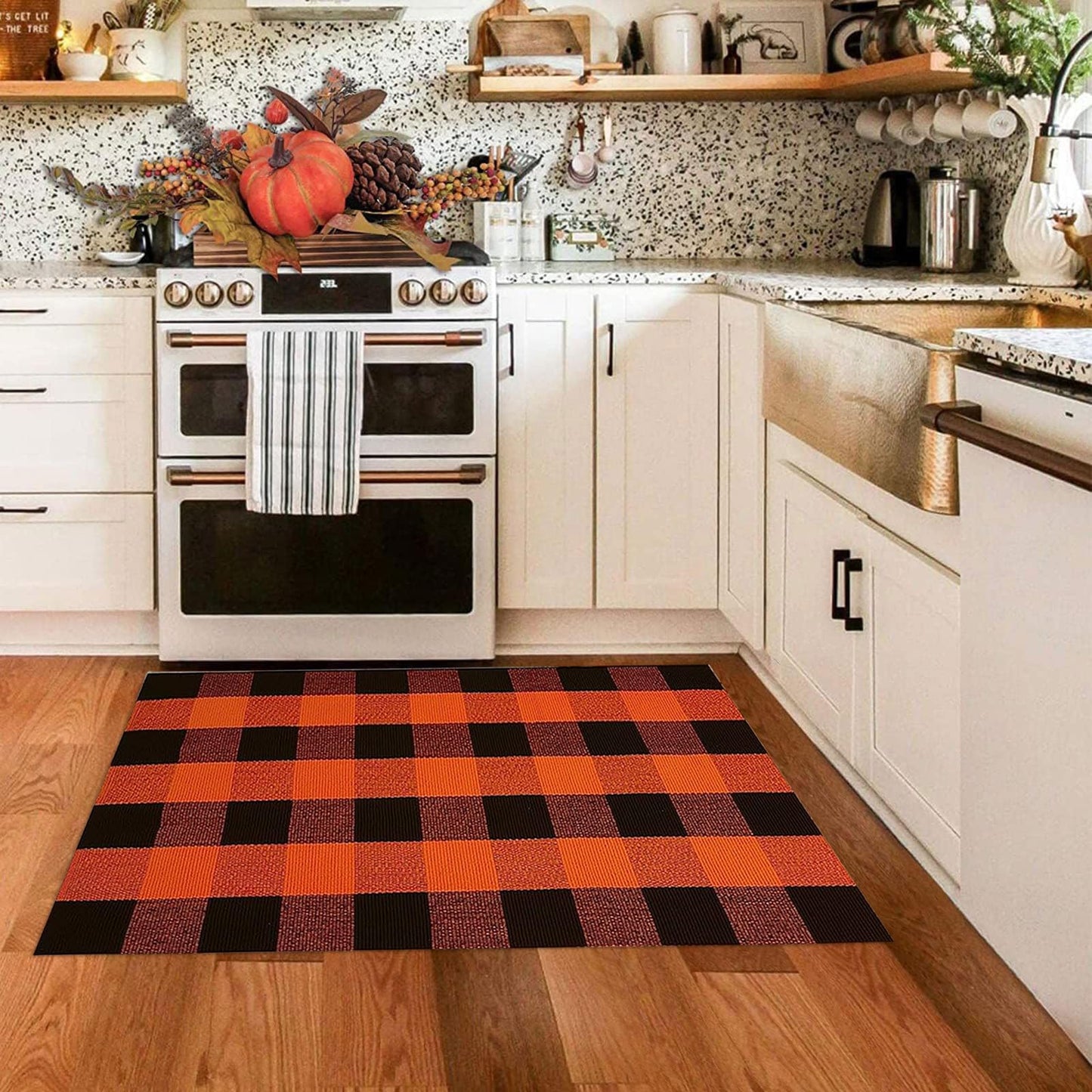 Fall Outdoor Rug Orange Buffalo Plaid Outdoor Rug Cotton Hand-Woven Buffalo Check Rug Layered Doormats for Front Door/Front Porch/Farmhouse/Entryway/Patio(Orange and Black Plaid, 27.5'' x 43'')
