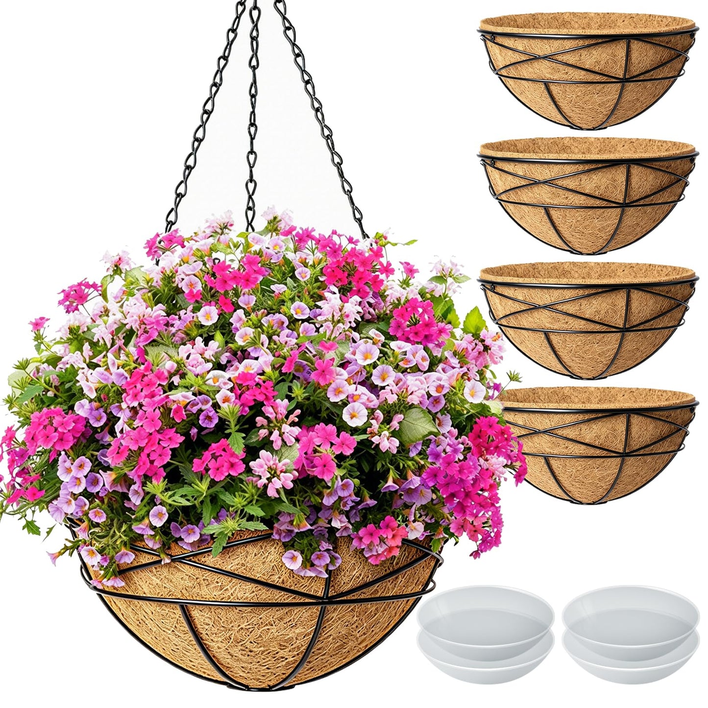 Karlliu 4 Pack 12 Inch Hanging Planters for Outdoor Plants Metal Watering Flower Baskets with Coco Liner for Outside Panting Plant Holder Pot for Home Garden Porch Balcony Railings Decor