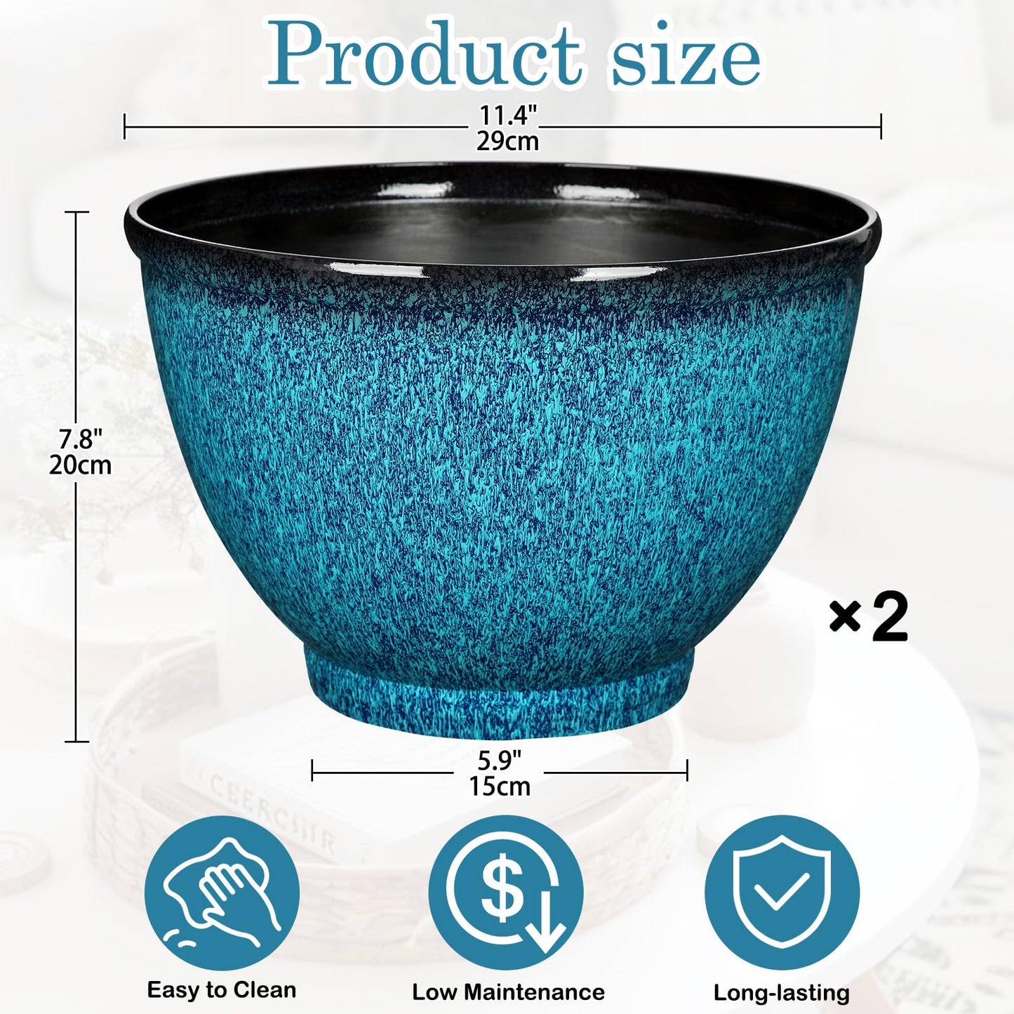 Hollyone Set of 2 Outdoor Planter Gradient Blue Plant Pot 11.5 inch Plastic Pots for Plants Planters for Outdoor Indoor Plants with Drainage Hole Round Plant Pot Flower Pots Garden Decorations