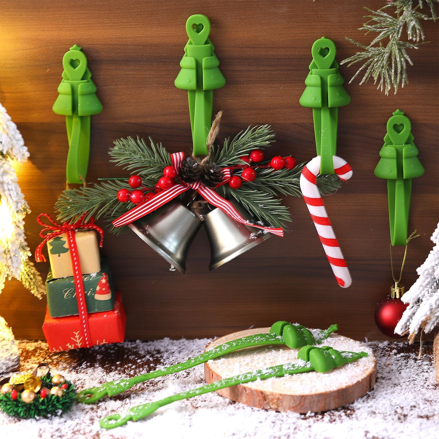 XunYee 12 Pcs Christmas Garland Hangers for Mantle,Fireplace Garland Hanger, Christmas Tree Shaped Ties Stocking Holder, Reusable Silicone Adhesive Straps for Stairways Banister Staircase