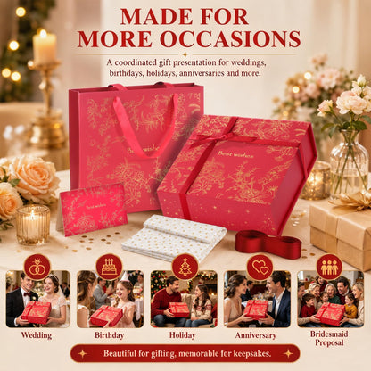 Amalee Luxury Gift Box, Large Deep Red 12”x12”x4” with Strong Magnetic Lid, Elegant Glue-Free Assembly, Includes Ribbon & Card for Wedding, Birthday, Christmas Gift Packaging