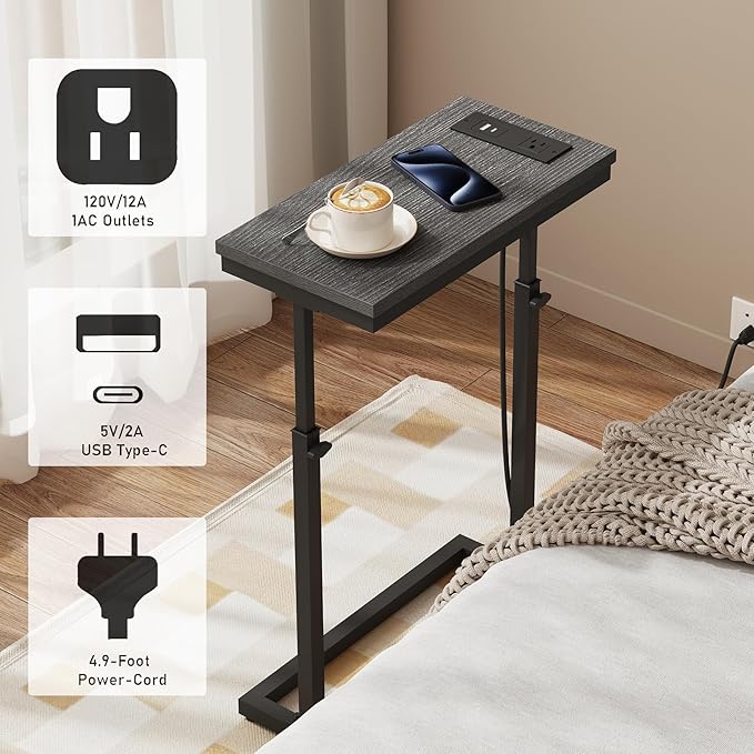 TUTOTAK End Table with Charging Station, Side Table, Tall Couch Table, Sofa
