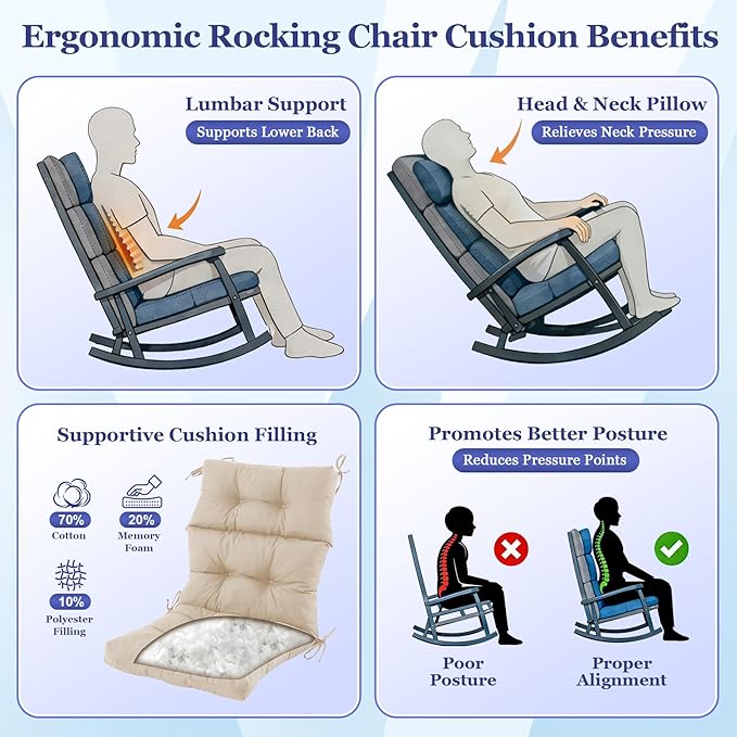 Rocking Chair Cushion, Waterproof and Fade-Resistant Adirondack Rocker Cushions