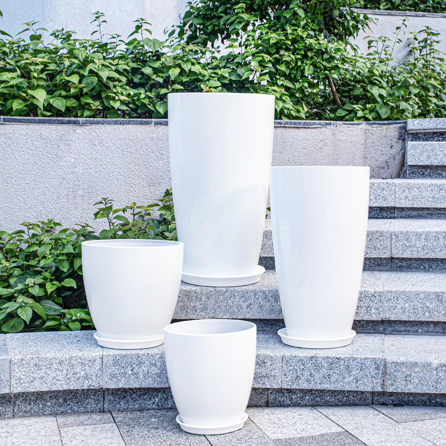 ZMTECH 24/21/12/10" H Large Plastic Planters with Drainage Hole and Saucer -Set of 4 Tall Plant Pots for Indoor & Outdoor Use,White Glossy Smooth Lightweight Flower Pot for Front Porch Patio Deck