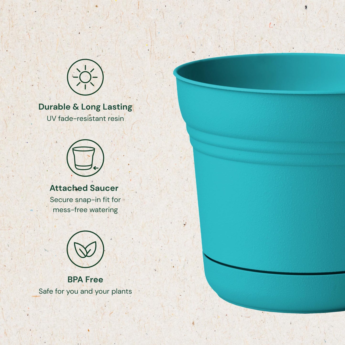 Bloem Saturn 5" Round Plastic Planter - Indoor/Outdoor, Snap-in Saucer & Drainage Holes, Bermuda Teal, 4-Pack