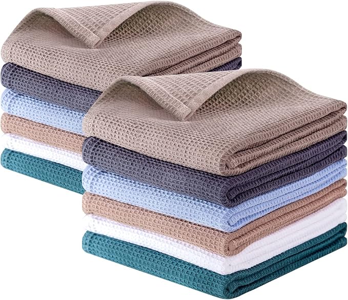 QUILTINA Dish Towels Set, 100% Cotton Waffle Weave Kitchen Towels 12 Pack