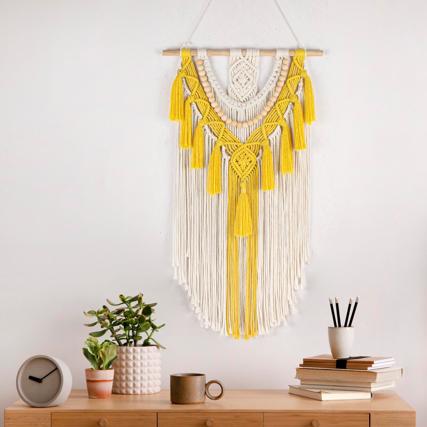 HVEST Yellow Macrame Wall Hanging Boho Wall Decor Handmade Woven Tapestry for Bedroom Living Room Dorm Nursery Bathroom Home Modern Decor Artwork, 29.9L X 15.7W inches