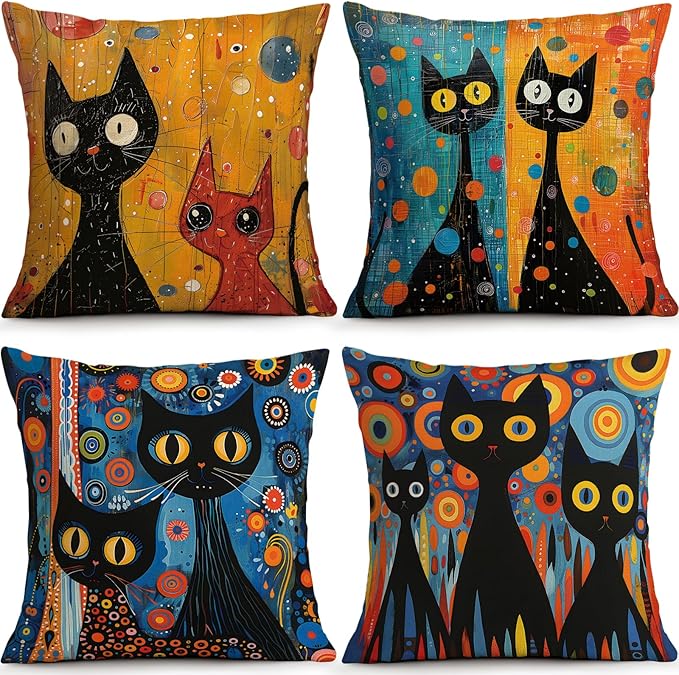 OBSEDE Black Cat Abstract Art Decorative Throw Pillow Covers 18 × 18 in