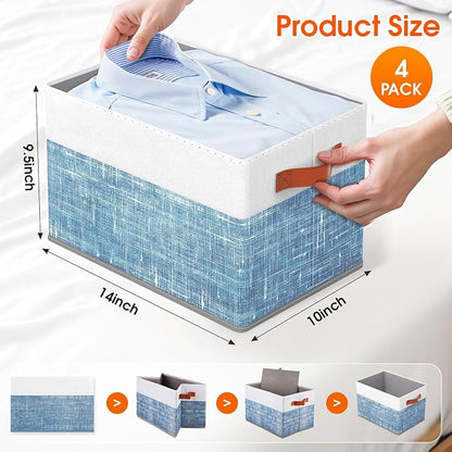 Fab totes Collapsible Storage Baskets for Shelves,14"x10", 4 Pack Foldable Fabric Storage Bins with Double Leather Handles, Large Baskets for Organizing Books, Clothes, White & Blue