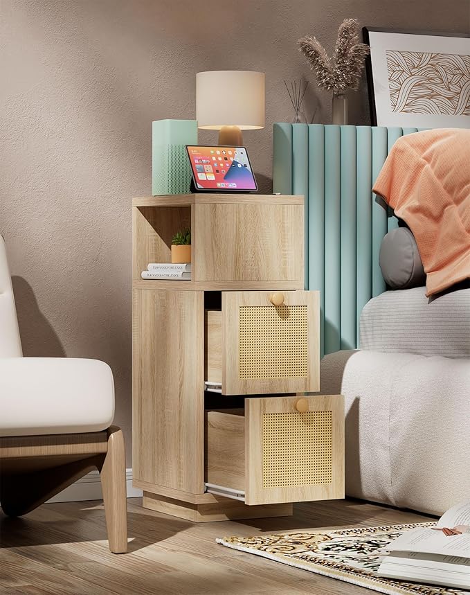 YMYNY Rattan Nightstands Set of 2, Boho Bedside Table
