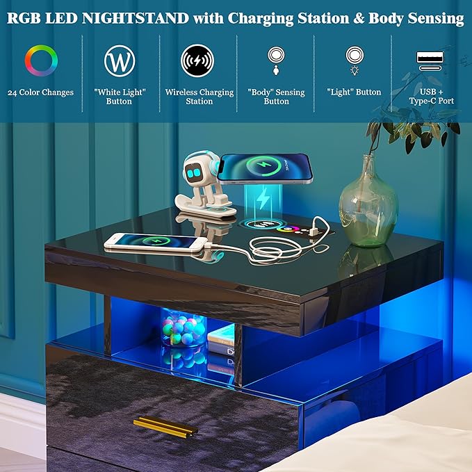 WOOVIVS Night Stand with Light, High Gloss Nightstand with USB/Wireless