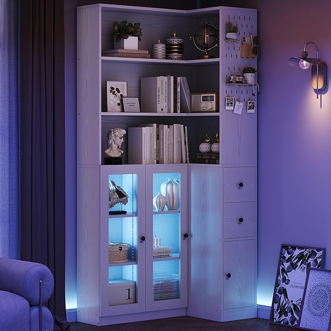 IRONCK Corner Bookshelf with LED Lights, 78.7" Tall Corner Bookshelves with 2