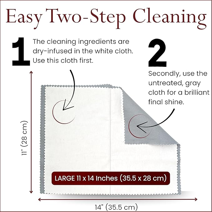 Pro Size Polishing Cloth Set of 2 Large Cleaning Cloths Pure Cotton Made in USA for Gold Silver and Platinum Jewelry Coins Watch, Silverware 11 x 14 inches each Tarnish Remover Keeps Jewelry Shining