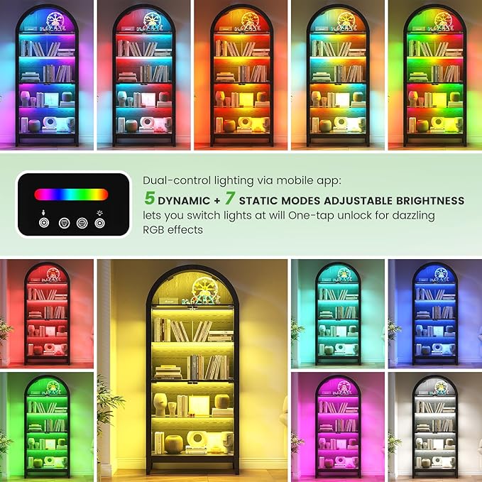 HNEBC Arched Display Case with RGB Lights, LED Curio Cabinet with Shelf