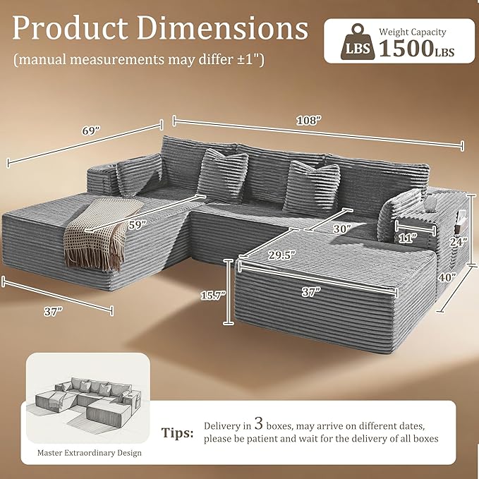 108" Oversized Cloud Sectional Couch, Comfort U Shaped Boneless Couch