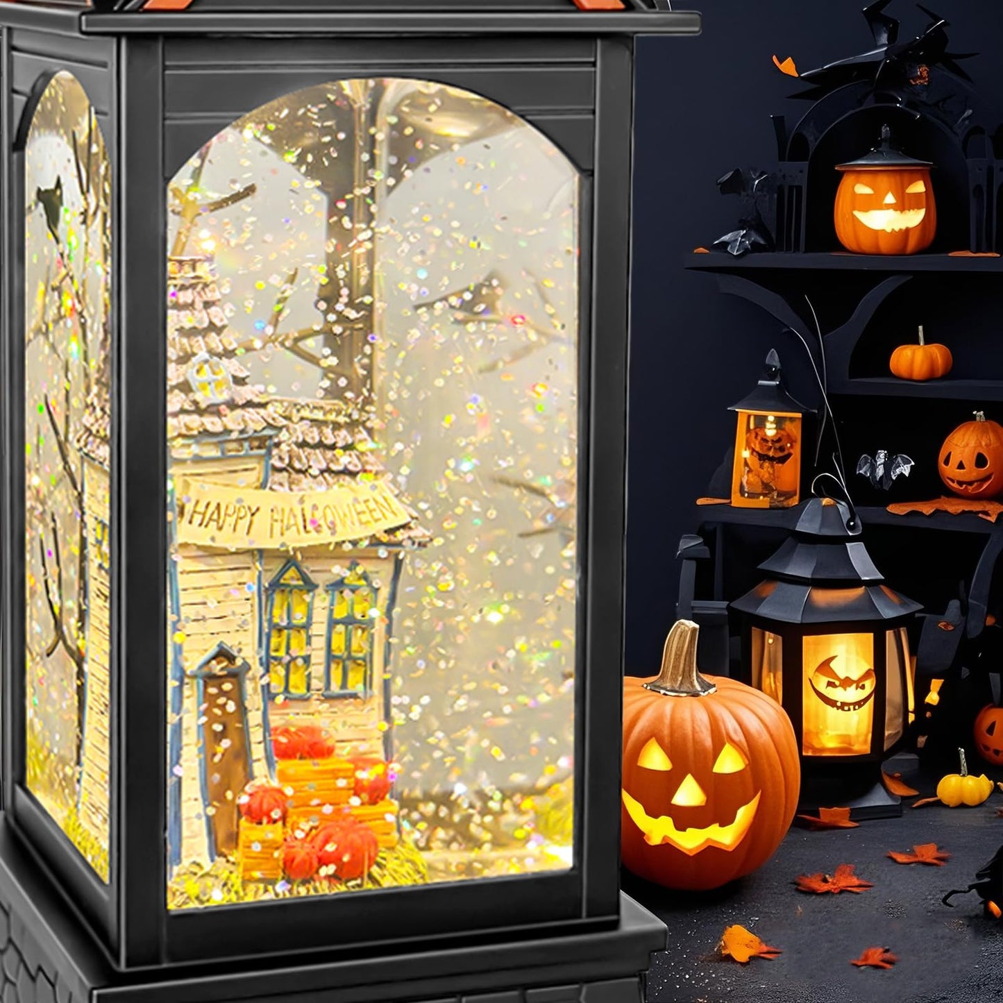 AOMIL Halloween Snow Globe Lantern, Spooky Ghost Halloween Decor, Plug-in & Battery Operated Snow Globes for Halloween Decorations Indoor