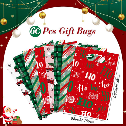 Teenyyou 60 Pcs Christmas Party Gift Bags Plastic Treat Bags with Handles Green Plaid Stripes Snowflakes Red Truck Candy Goodie Handbags for Festive Holiday Winter Theme Favors Supplies