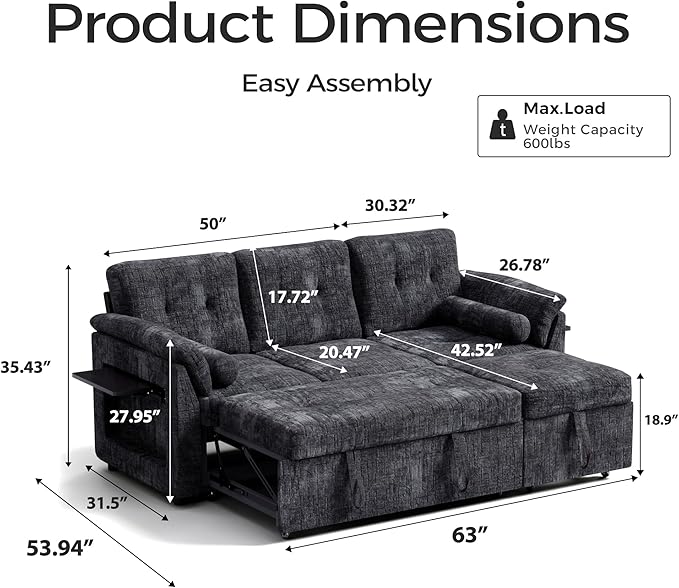 Convertible Sleeper Sofa Bed, 63 Inch Chenille Pull Out Couch