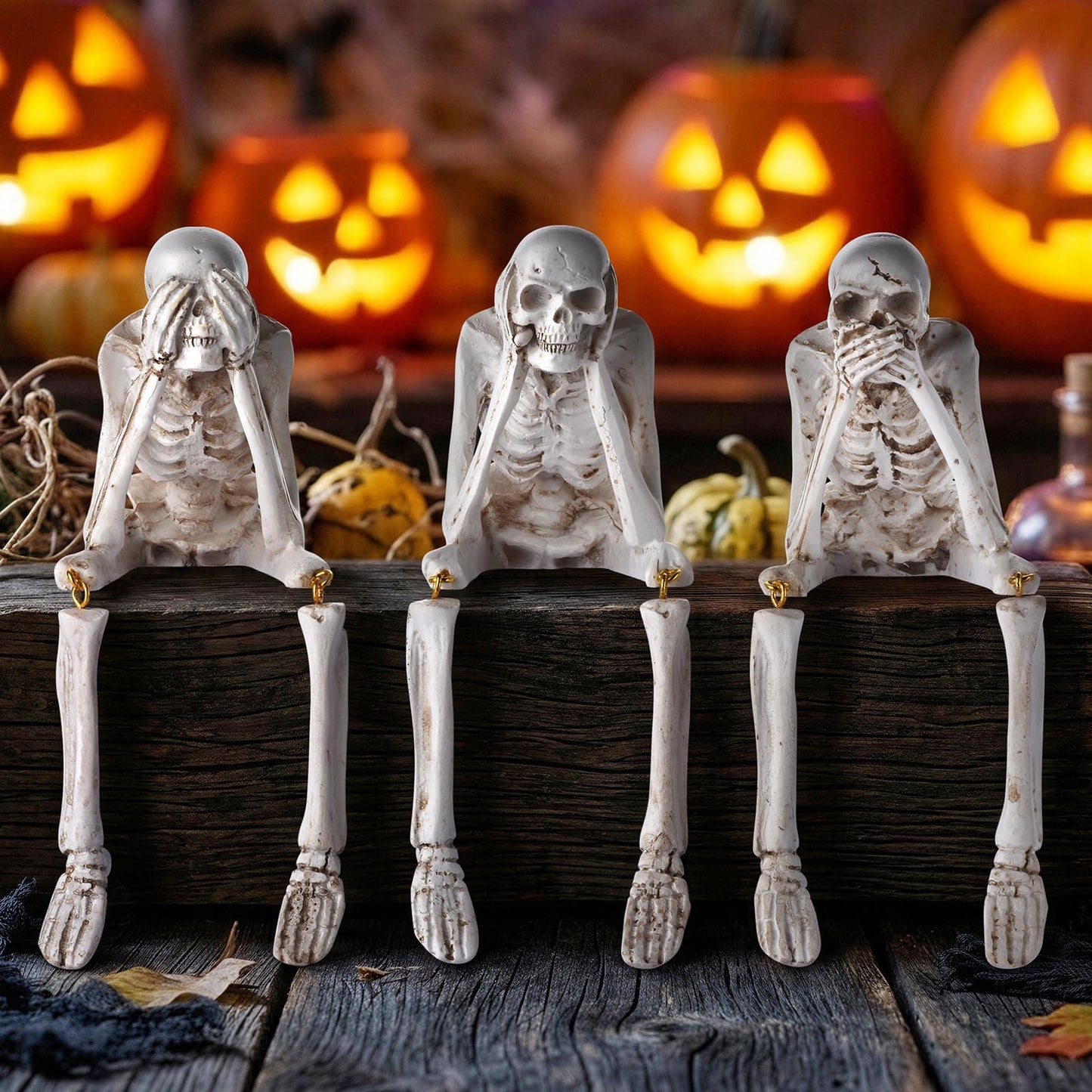 Zalovvi Halloween Skeleton Decor, See No Evil Hear No Evil Speak No Evil Statues Set of 3, Resin Skull Figurines for Home Mantel Living Room Office, Halloween Decorations Gift (Halloween)