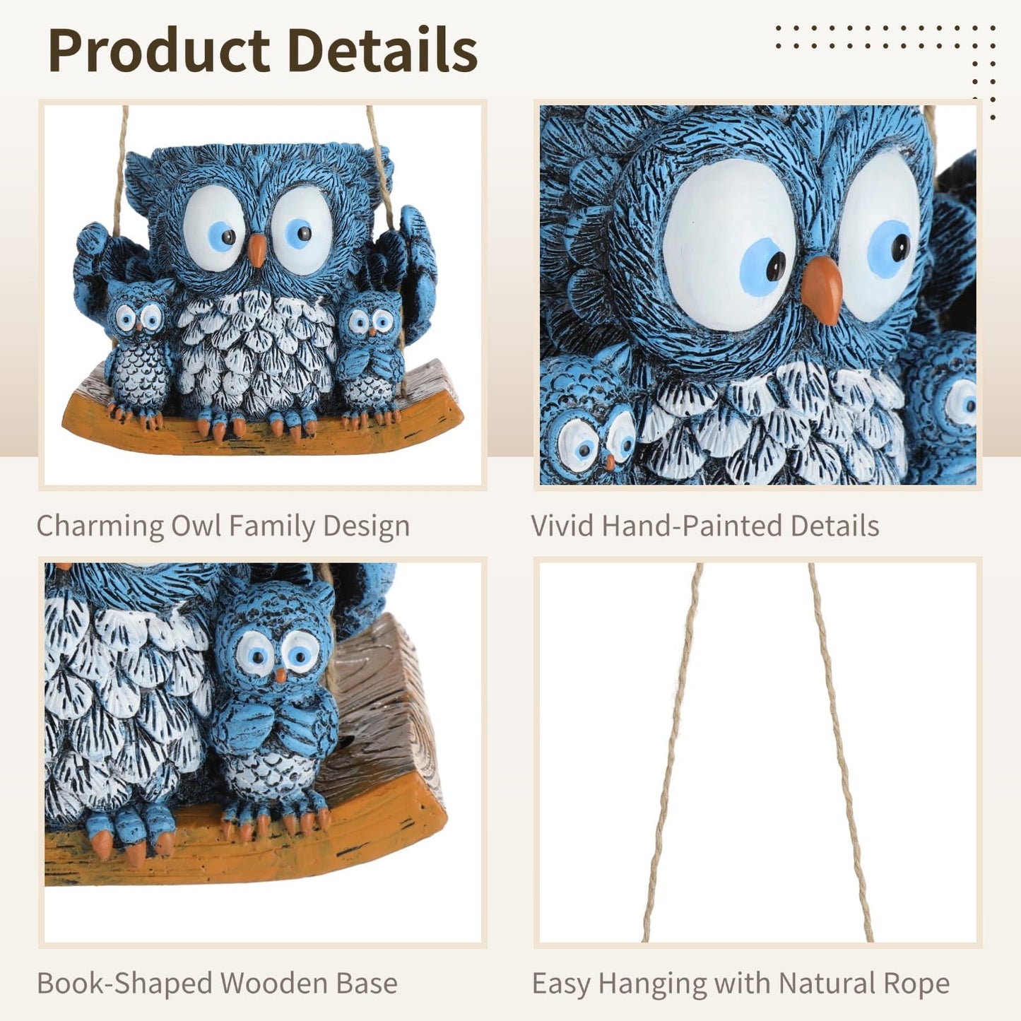 White Owl Family Hanging Flower Pot with Wooden Base, Cute Desktop Decor Ceramic Planter for Indoor Succulent Plants, Unique Hanging Bird Nest Pottery for Home Garden Wall Decor